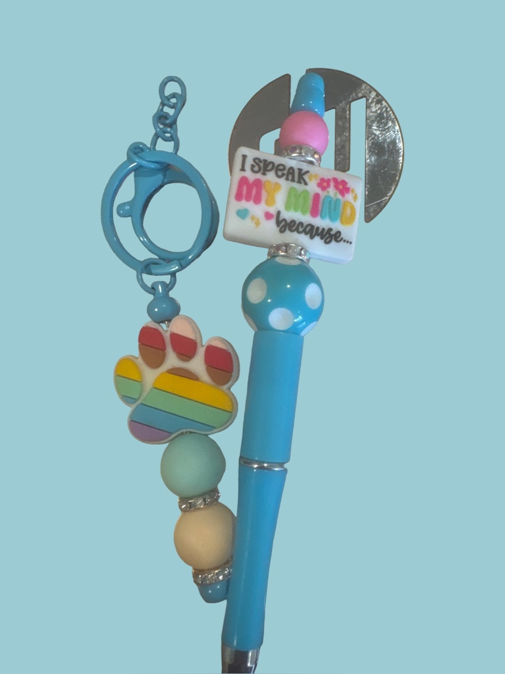 I Speak My Mind Blue Inspirational  Pen with Rainbow Paw Charm